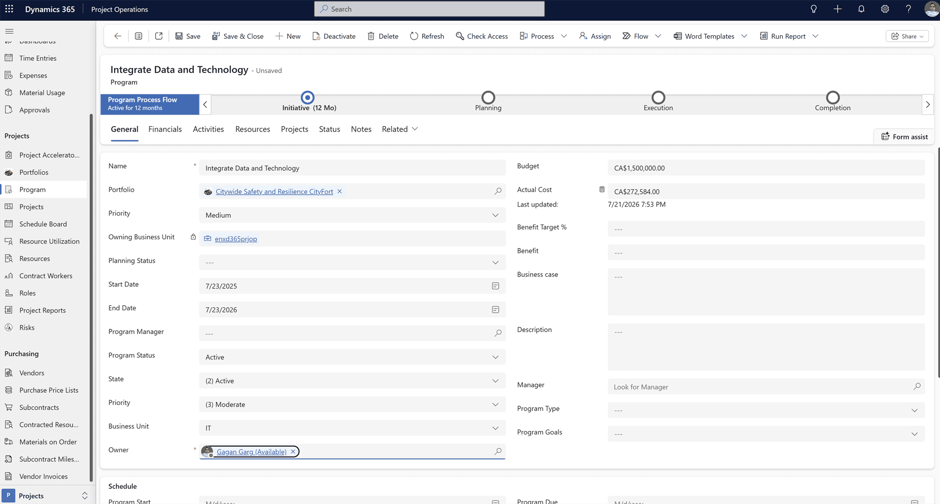 Dynamics 365 Project Operations program form with initiative, planning, execution and completion stages.