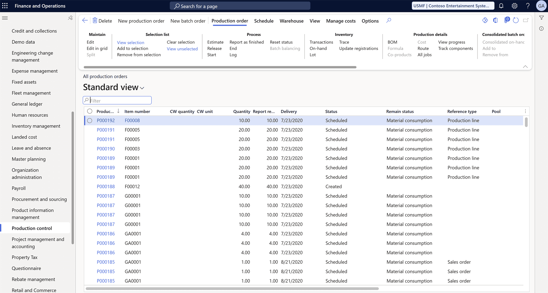 Dynamics 365 Supply Chain Management production orders list showing scheduled orders, item numbers, quantities, delivery dates, and status