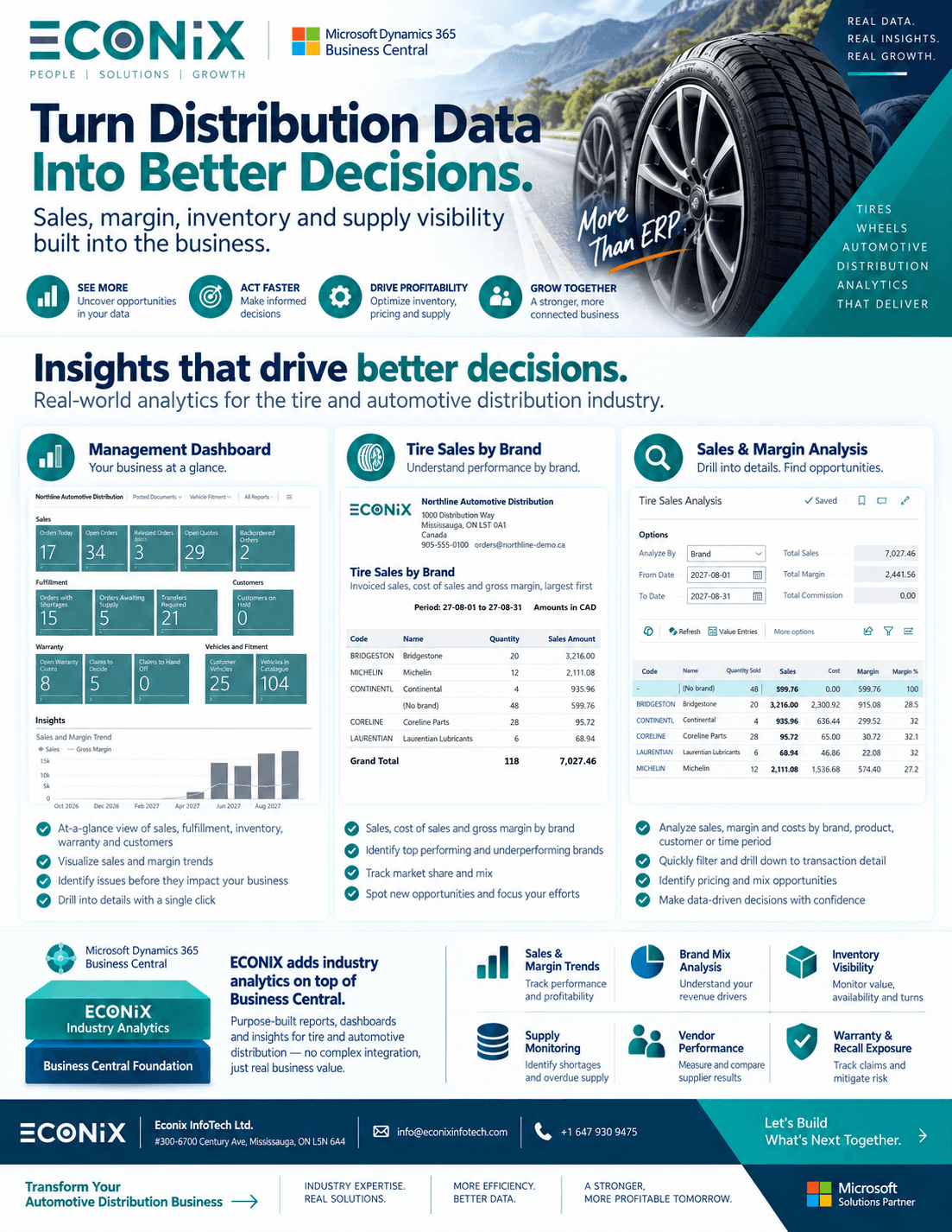 Automotive distribution analytics brochure with management dashboard, tire sales by brand report and sales and margin analysis