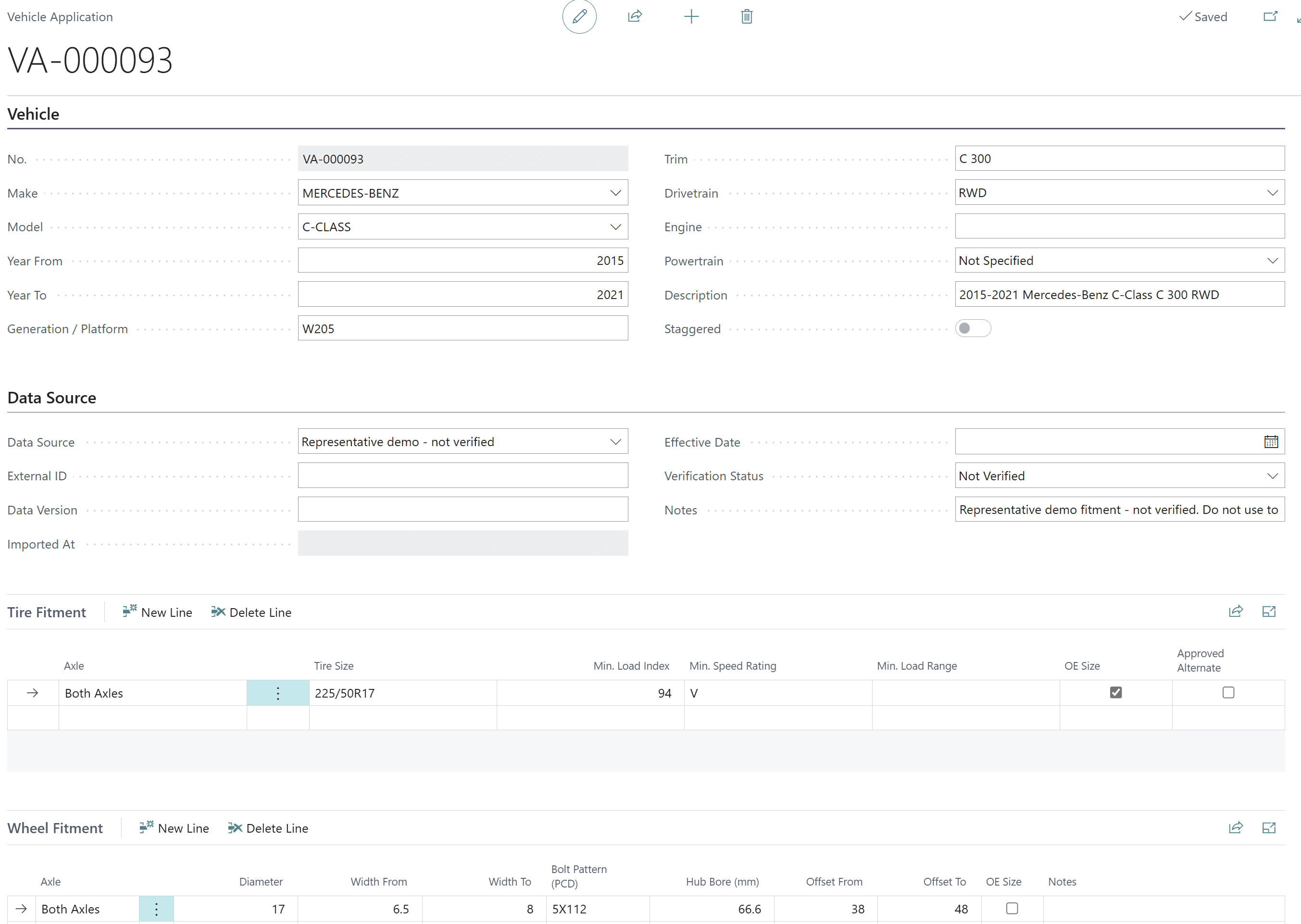 Vehicle application record with tire fitment size, minimum load index and speed rating, and wheel fitment bolt pattern, hub bore and offset range