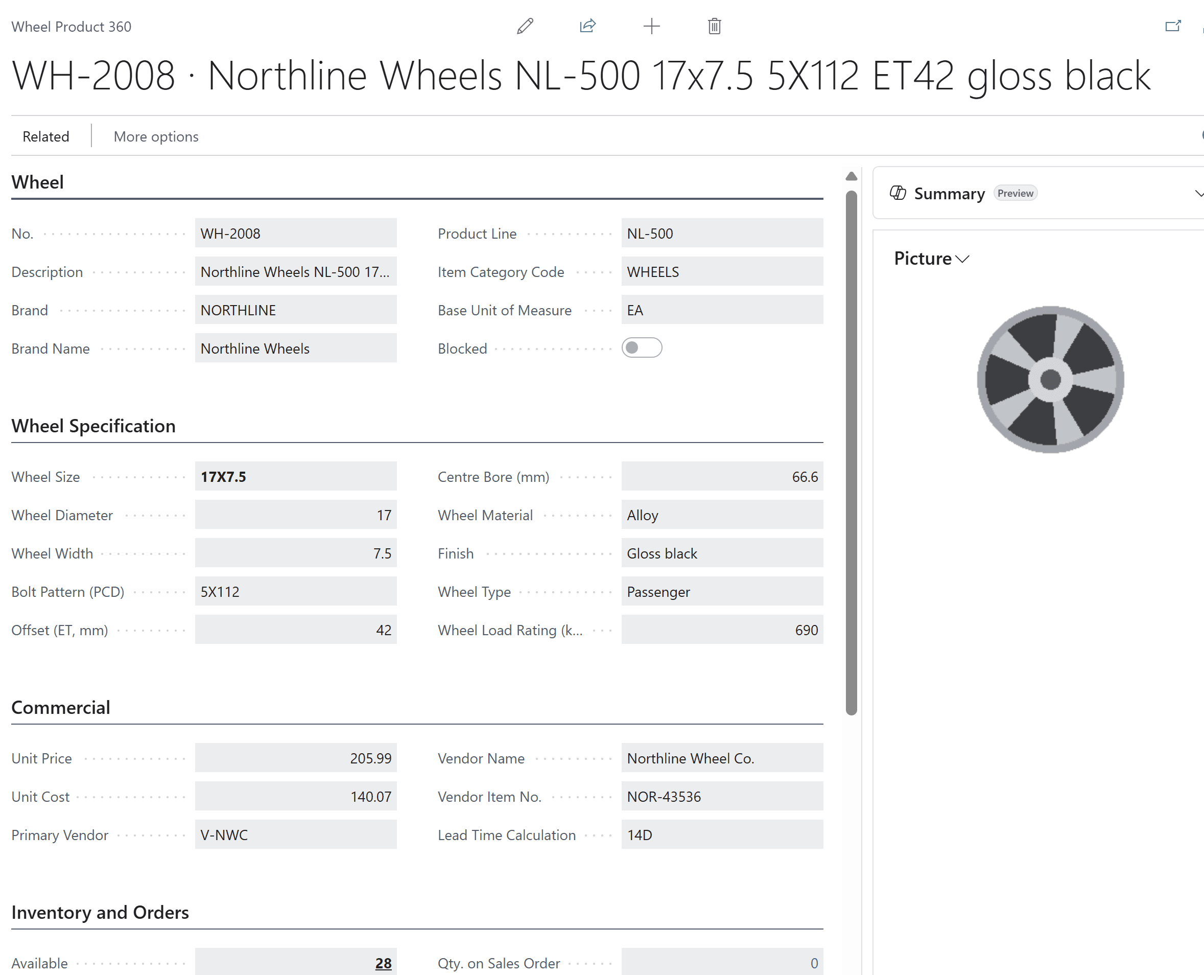 Wheel Product 360 showing wheel size 17x7.5, bolt pattern 5x112, offset 42, centre bore 66.6, finish, vendor and cost