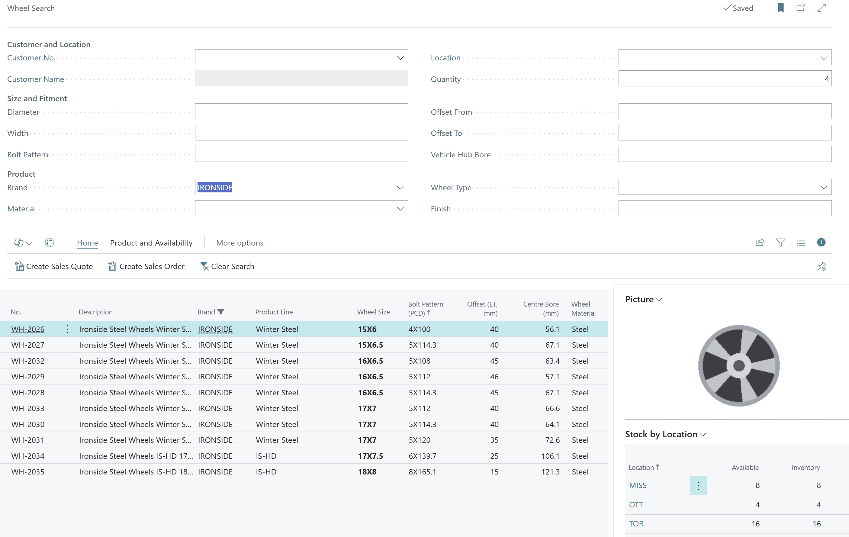Business Central wheel search filtering by diameter, width, bolt pattern, offset and hub bore with stock by location