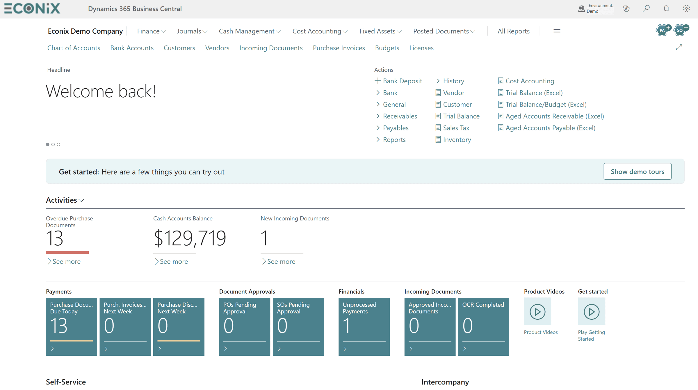 Microsoft Dynamics 365 Business Central Role Centre showing finance activities, approvals, cash balances, incoming documents and reporting.