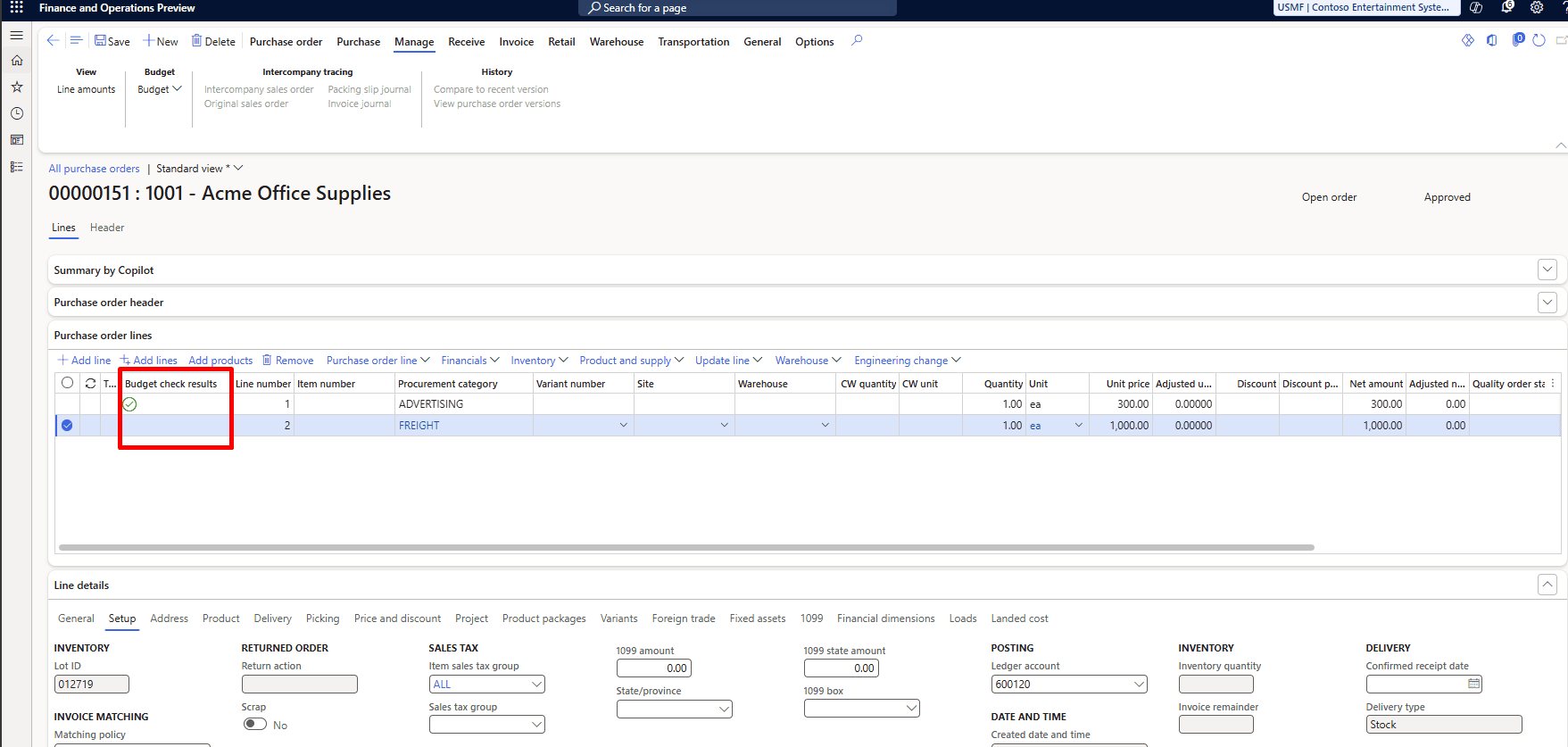 Budget check performed on a purchase order in Dynamics 365 Finance