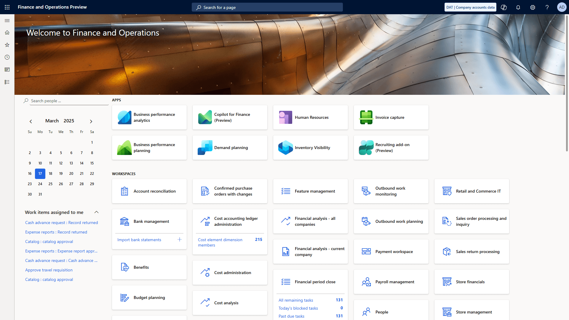 Dynamics 365 Finance default dashboard with workspaces and financial tiles