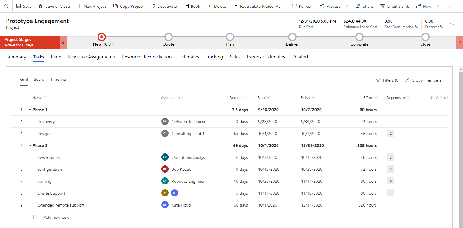 Dynamics 365 Project Operations project Tasks view showing the work breakdown structure with tasks, durations, and scheduling