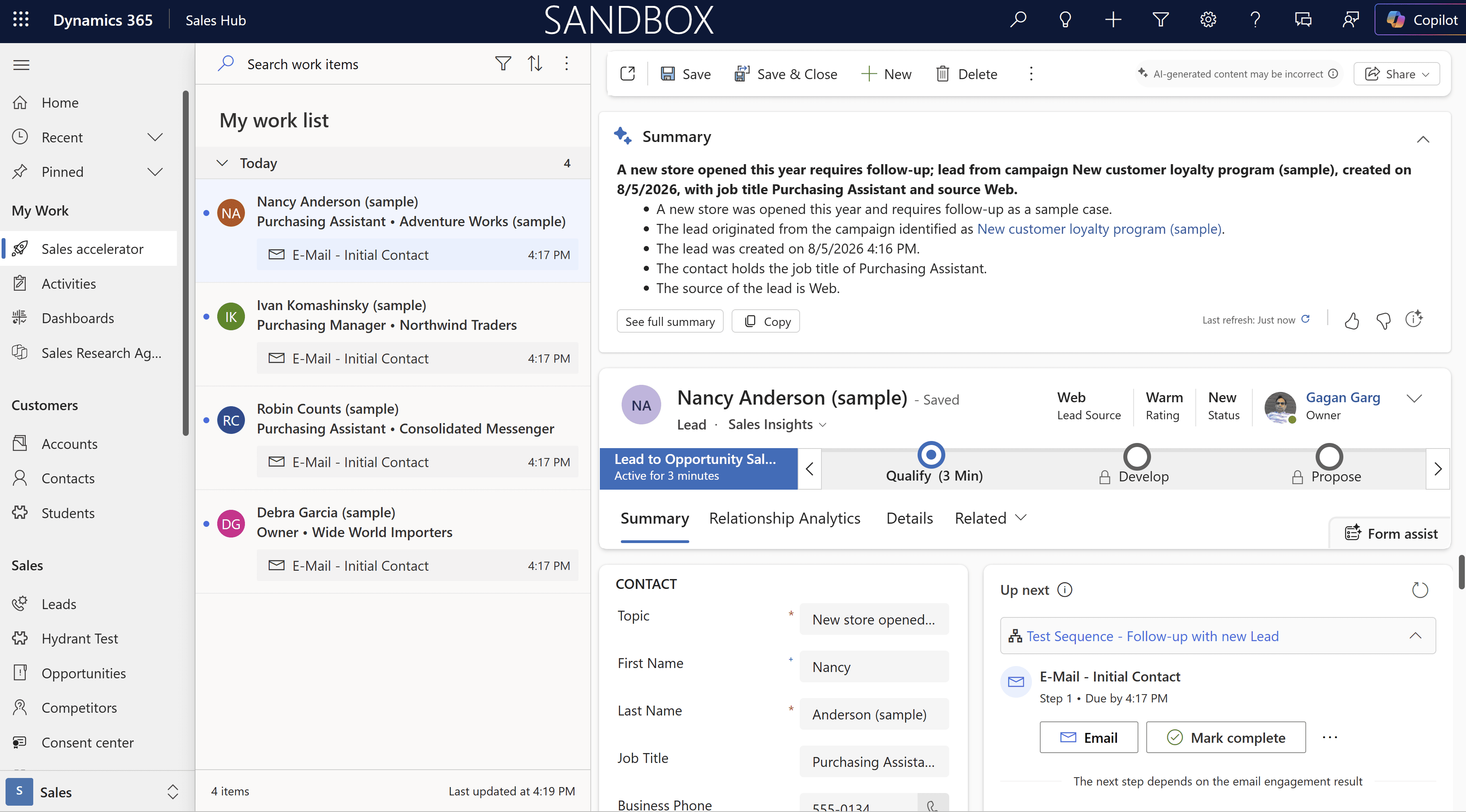 Copilot summarizing a sales lead inside the Dynamics 365 Sales accelerator, with cited source records and a review-before-send draft