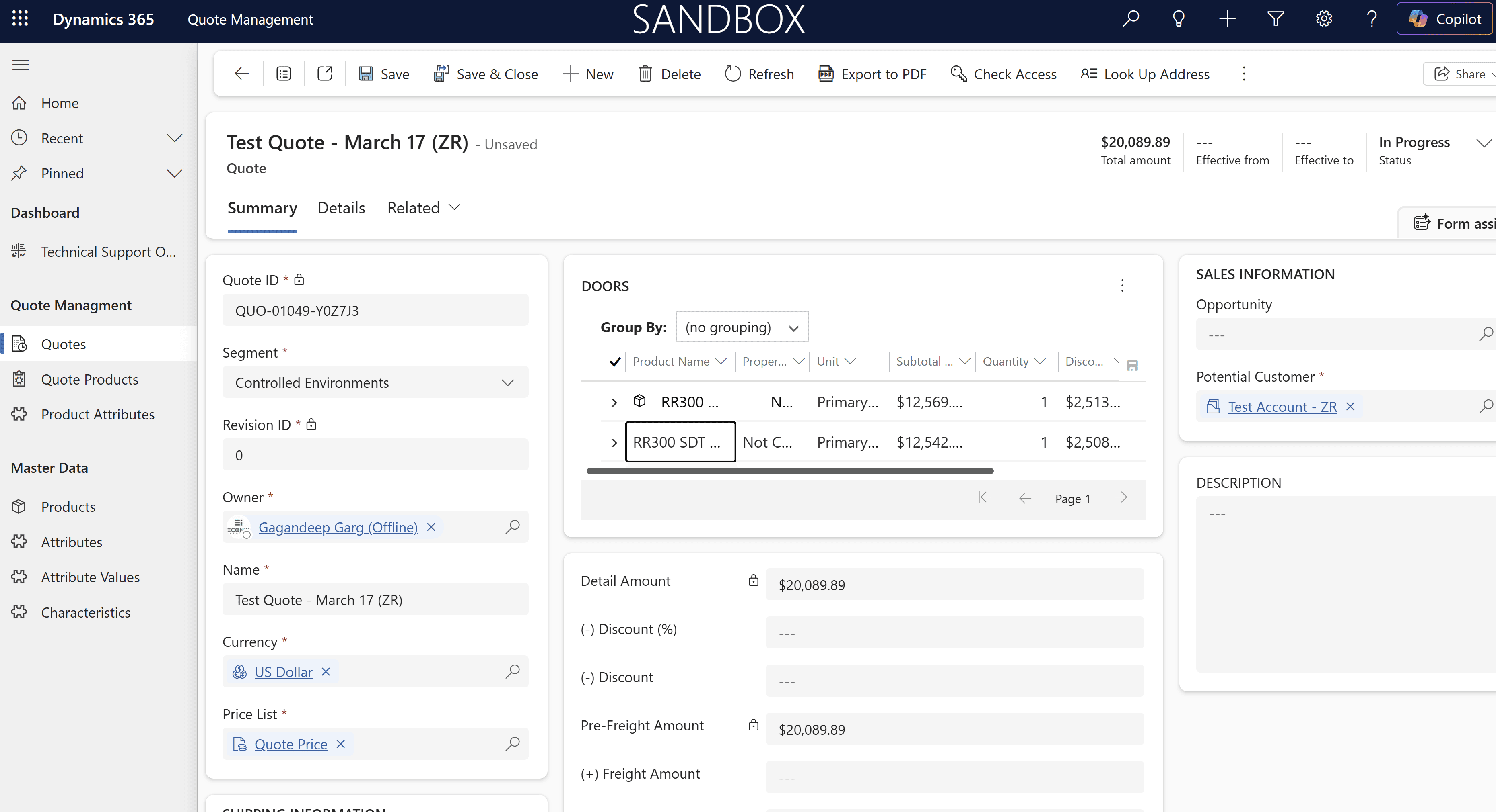 Dynamics 365 quote record with configured line items, pricing totals and custom product attributes for engineered products