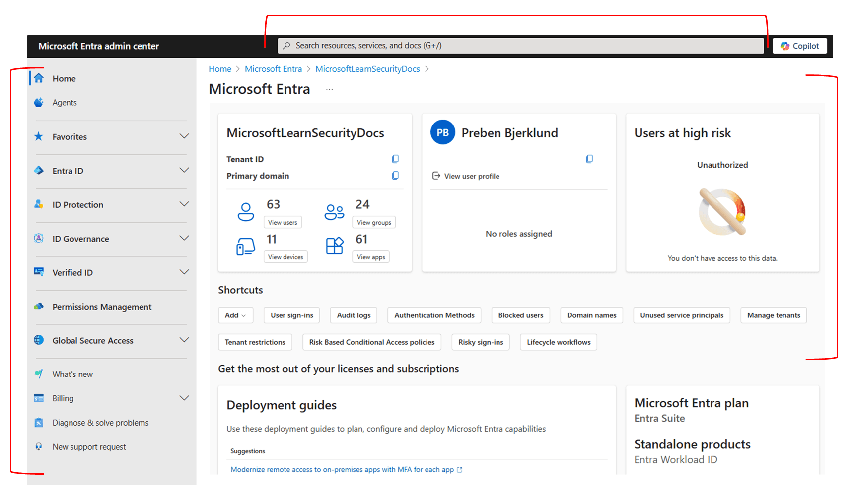 Microsoft Entra admin center home with identity overview