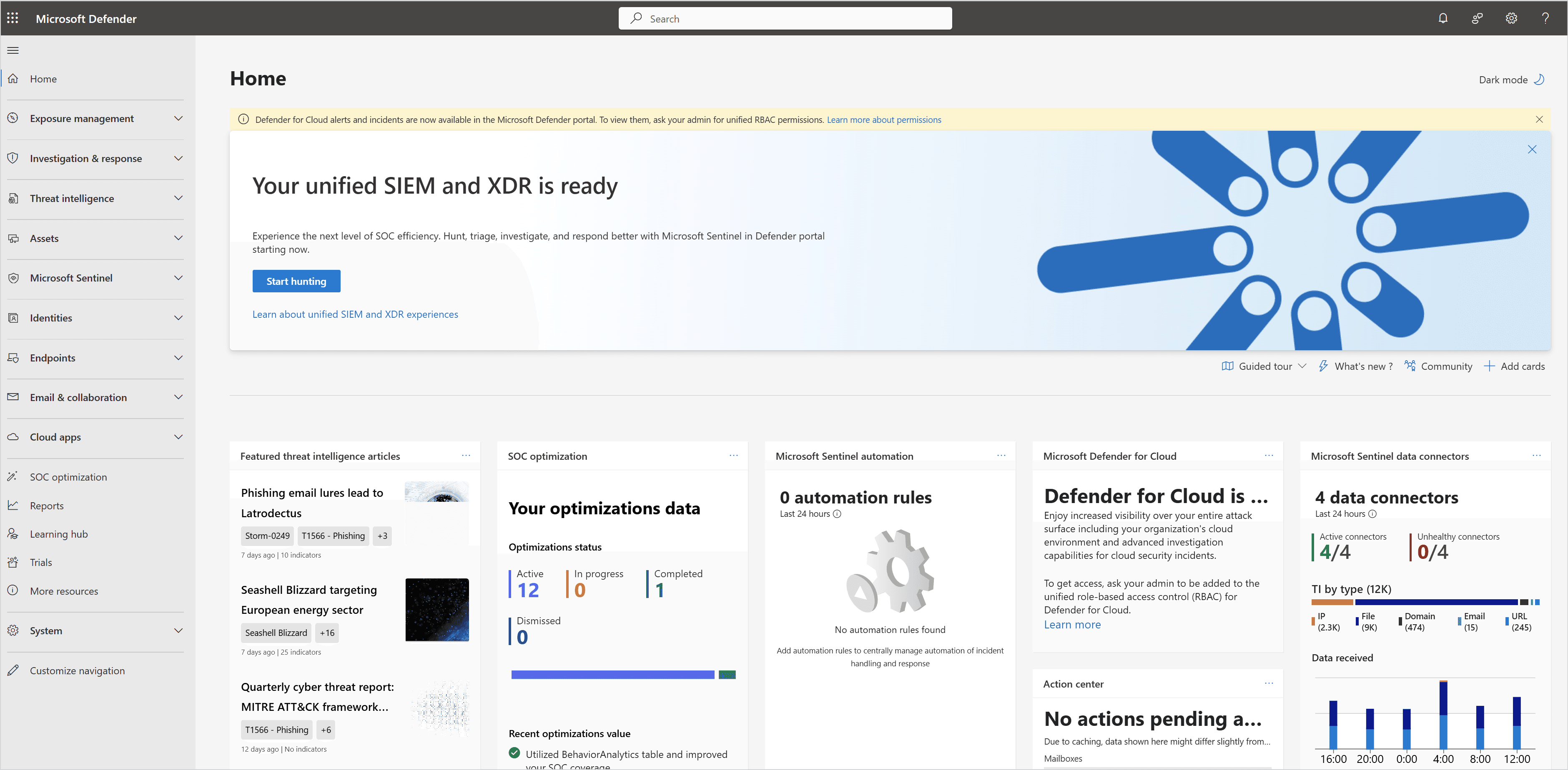 Microsoft Defender portal home with security overview
