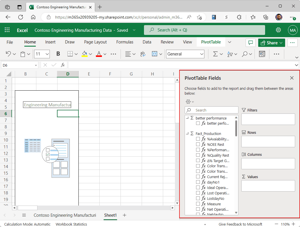 Microsoft Excel workbook with charts and data connected to Power BI