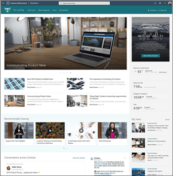 Microsoft SharePoint home site with organization news and navigation